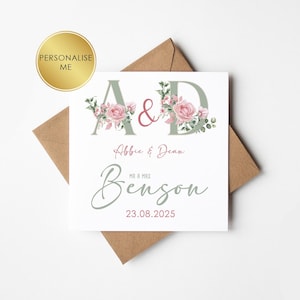 Carte de mariage personnalisée : félicitations à M. et Mme, carte pour les jeunes mariés, initiales florales de verdure pour les mariés
