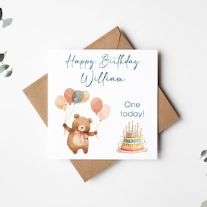 Karte zum 1.Geburtstag | Personalisierter benutzerdefinierter Name | Niedliches Teddybär Design für Jungen oder Mädchen | Einzigartiges Erinnerungsgeschenk