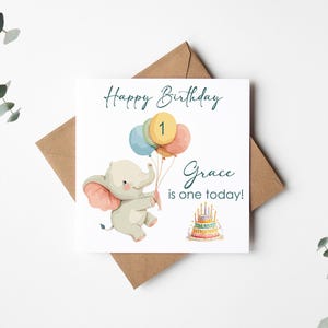 Personalisierte 1.Geburtstagskarte, Name, süße Babykarte für Jungen oder Mädchen, einzigartiges Andenken für ersten Geburtstag, niedliche Elefantkarte.