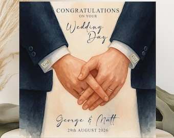 Personalised Gay Wedding Card – Two Grooms Custom Names, Date, Initials Keepsake
