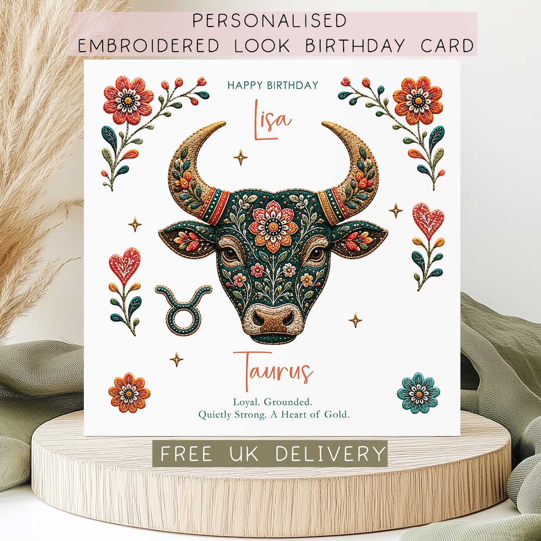 Personalised Taurus Birthday Card Custom Zodiac Gift Embroidered Look personalised-taurus-birthday-card-custom-zodiac-gift-embroidered-look