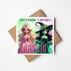 Personalisierte Geburtstagskarte mit grüner Hexe und Prinzessin - magischer Mädchen-Fantasy-Geburtstag - von Musiktheater inspirierte Geburtstagskarte