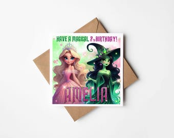 Personalised Green Witch & Princess Birthday Card – Magical Girl&#39;s Fantasy Birthday – Musical Theatre Inspired Birthday Card