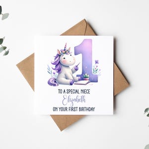 Cartão de 1º aniversário - Design de unicórnio com nome personalizado, presente de lembrança exclusivo para o primeiro aniversário de um menino ou menina