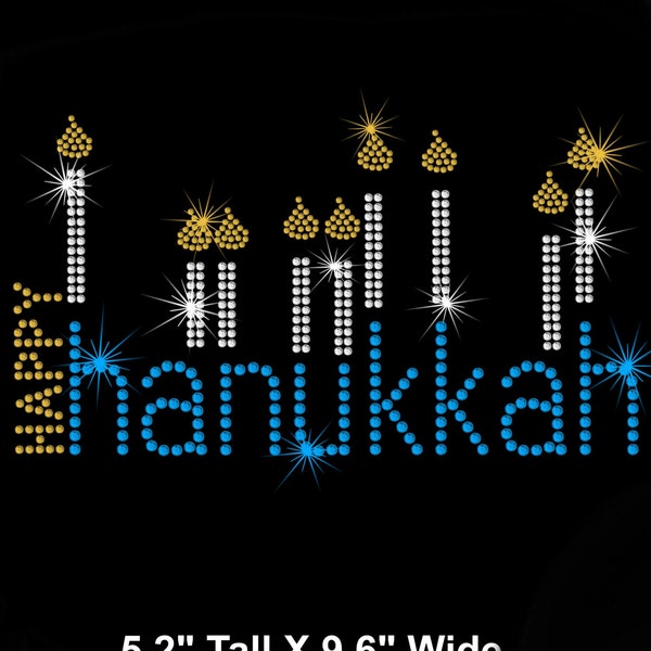 9.6" Happy Hanukkah Menorah candles rhinestone iron on transfer for t-shirt or dress