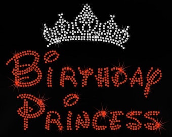 9.7" Birthday Princess Tiara crown women's iron on rhinestone transfer applique patch Disney font You choose colors