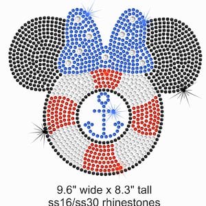 May include: A red, white, and blue rhinestone design of Mickey Mouse with a life preserver and anchor. The design is 9.6 inches wide and 8.3 inches tall and is made with ss16 and ss30 rhinestones.