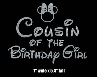Minnie Mouse Cousin of the Birthday girl iron on glitter transfer DIY applique DIY patch