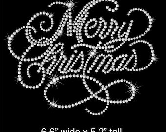 6.6" fancy (small) Merry Christmas iron on rhinestone Christmas transfer - your color choice