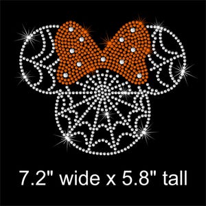7.2" Minnie Mouse spiderweb iron on Disney rhinestone Halloween transfer - choose bow color