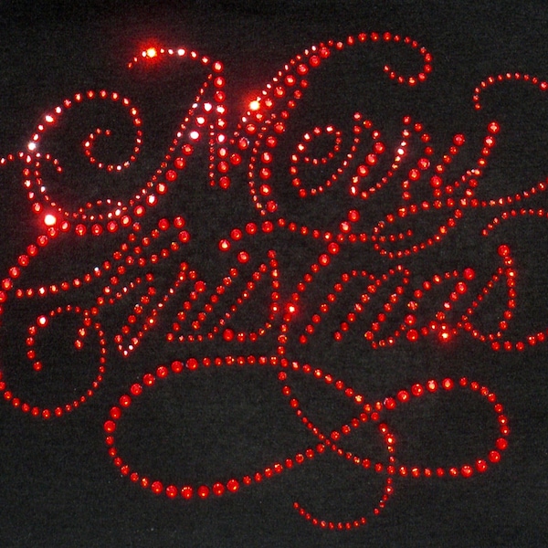 9" x 7" RED Merry Christmas iron on rhinestone Christmas transfer for t shirt