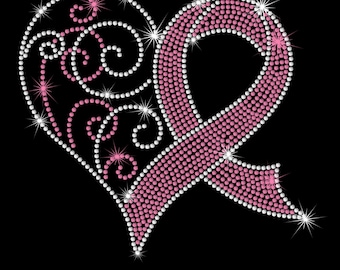 8.5" pink Breast Cancer Awareness Ribbon iron on rhinestone transfer