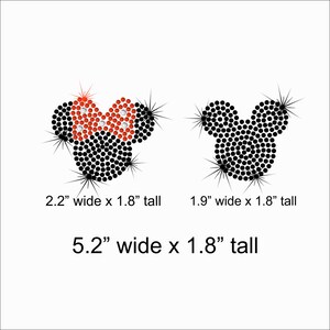 May include: Two rhinestone Mickey Mouse head designs. One features a red bow and the other is plain black. The text indicates the designs are 2.2" and 1.9" wide, and 1.8" tall. The total width is 5.2" and 1.8" tall.