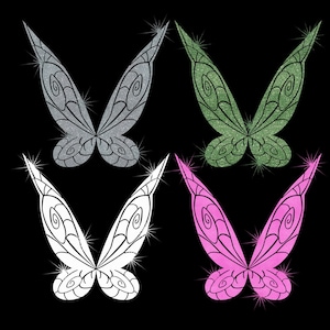 May include: Four pairs of glitter fairy wings in silver, green, white, and pink. Each pair has a detailed design and sparkles.