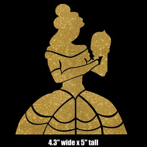 Belle silhouette IRON ON glitter (or regular) vinyl Disney transfer decal patch Beauty and the Beast