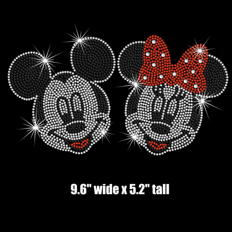 9.6" wide Minnie Mickey Mouse (faces) iron on rhinestone transfer applique patch image 1