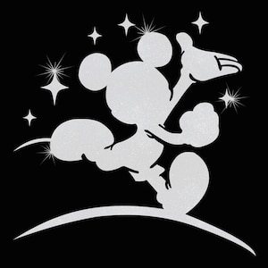 May include: A white silhouette of Mickey Mouse running with stars in the background. The silhouette is glittery.
