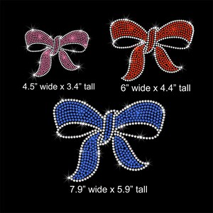 May include: Three rhinestone bow designs in pink, red, and blue, each outlined with clear rhinestones. The pink bow is 4.5 inches wide and 3.4 inches tall. The red bow is 6 inches wide and 4.4 inches tall. The blue bow is 7.9 inches wide and 5.9 inches tall.