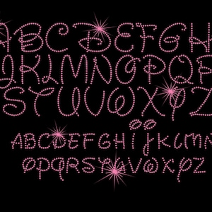 May include: Pink rhinestone alphabet letters in two different styles. The first style is a cursive font with a sparkly effect. The second style is a more traditional font with a simple design.