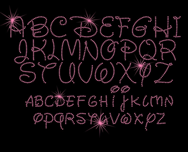 May include: Pink rhinestone alphabet letters in two different styles. The first style is a cursive font with a sparkly effect. The second style is a more traditional font with a simple design.