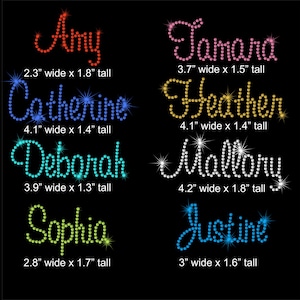 Small 1.3&quot;-1.8&quot; tall Pretty Script Font Iron On NAME rhinestone transfer Letters PERSONALIZED
