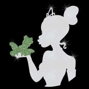 May include: Silhouette of a princess with a crown, wearing a white dress, holding a green frog in her hand.