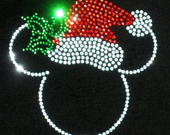7" Santa hat Mickey Minnie Mouse iron on rhinestone Christmas TRANSFER