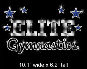 Reserved - Thirty (30) crystal clear & blue sapphire ELITE GYMNASTICS logo iron on rhinestone transfers