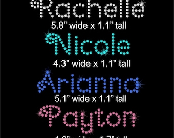 1.7" Curly Arial Font cute easy to read iron on rhinestone NAME transfer PERSONALIZED decal patch