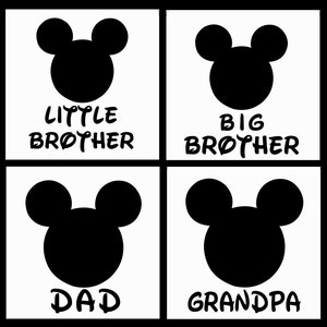 May include: Four black and white Mickey Mouse silhouettes with text underneath each one. The text reads "Little Brother", "Big Brother", "Dad", and "Grandpa".