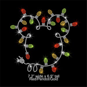 May include: A rhinestone transfer design featuring a string of Christmas lights with red, peridot green, and gold bulbs connected by silver wire. The design measures 7.2 inches wide by 6.9 inches tall and is set against a solid black background.