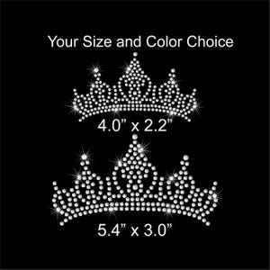 May include: Two rhinestone crown designs on a black background. The smaller crown measures 4.0" x 2.2", and the larger crown is 5.4" x 3.0". The text "Your Size and Color Choice" is at the top.