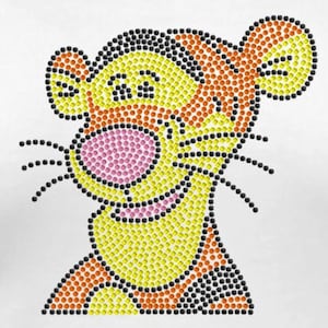 May include: A cartoon image of a smiling orange and yellow tiger with black eyes and a pink nose. The image is made of small, colorful rhinestones.