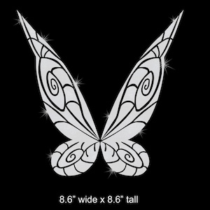 May include: Silver glitter fairy wings with a detailed design. The wings are 8.6 inches wide and 8.6 inches tall.