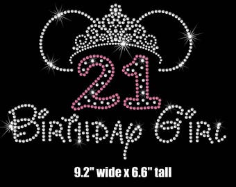 9.2" Minnie Mouse ears tiara 21st Birthday girl iron on rhinestone transfer applique patch