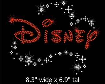 May include: A rhinestone transfer design featuring the word Disney in red crystals, accented by a swirling trail of clear white crystals and starburst patterns. The text below indicates the dimensions are 8.3 inches wide by 6.9 inches tall.
