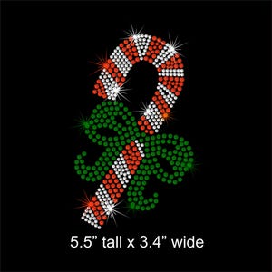 5.5", 6.5" or 7.5" Candy Cane iron on rhinestone transfer for Christmas applique decal