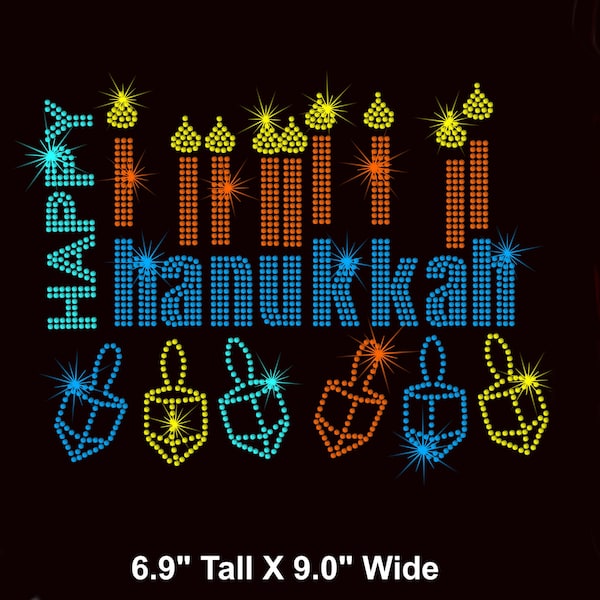9" Happy Hanukkah Menorah candles Dreidels iron on rhinestone transfer for shirt