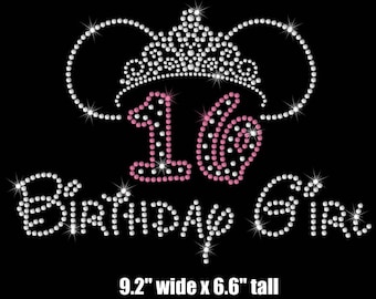 9.2" Minnie Mouse ears tiara 16th Birthday girl iron on rhinestone transfer applique patch