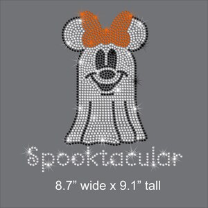 May include: A rhinestone design of a ghost with mouse ears and an orange bow. The word "Spooktacular" is spelled out in rhinestones below the ghost. The design is 8.7 inches wide and 9.1 inches tall, set against a gray background.