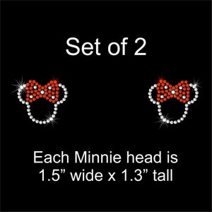 May include: Set of two rhinestone Minnie Mouse head appliques, each measuring 1.5 inches wide by 1.3 inches tall. The appliques are white with red polka dot bows.