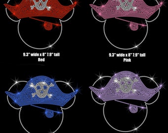 9.3" (clear) Pirate Mickey Minnie skull crossbones iron on rhinestone TRANSFER your choice hat color