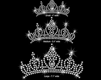 4", 5.3" OR 7.1" wide crystal clear rhinestone tiara iron on transfer applique bling patch-choose size