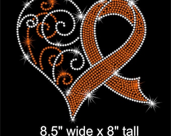 8.5" ORANGE/clear Awareness Ribbon iron on rhinestone transfer