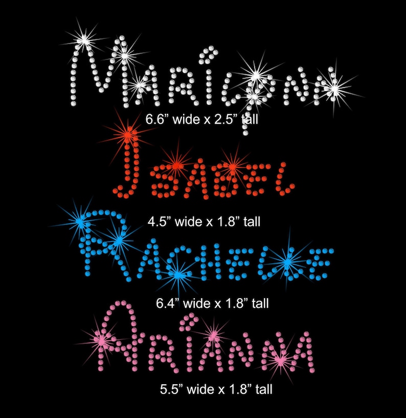 May include: Four names spelled out in rhinestones with a white, red, blue, and pink colour scheme. The names are "MARILONN", "ISABEL", "RACHELLE", and "ARIANNA". Each name has its dimensions listed in inches.
