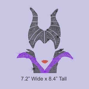May include: A rhinestone design of a character's face with black horns, a purple collar, and red lips. The design is 7.2 inches wide and 8.4 inches tall. The image is on a light purple background.