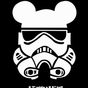 May include: Black and white illustration of a Stormtrooper helmet with Mickey Mouse ears. The helmet has a visor and a mouth piece. The text "6.7" wide x 8.5" tall" is below the image.