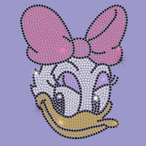 May include: A rhinestone-embellished cartoon character with a pink bow, white face, and black eyes. The character is smiling and has a yellow beak.
