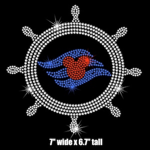 May include: A white rhinestone-studded ship's wheel with a red and blue wave design in the center. The wave design features a red Mickey Mouse silhouette. The design measures 7 inches wide by 6.7 inches tall.