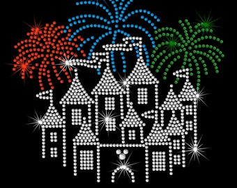 8.8" Disney Castle with fireworks iron on rhinestone transfer applique bling patch decal